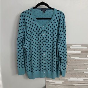 Lands End Teal and Black Polka Dot Cardigan